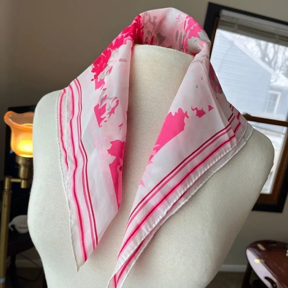 Pink White Floral Square Scarf 21x21 Hand Rolled Hem Valentine Chic